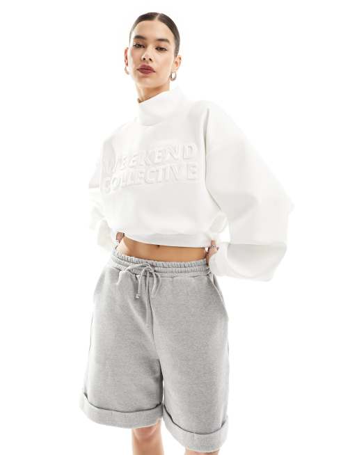 ASOS DESIGN Weekend Collective – Hochgeschlossenes Neopren-Sweatshirt in Weiß mit Prägung