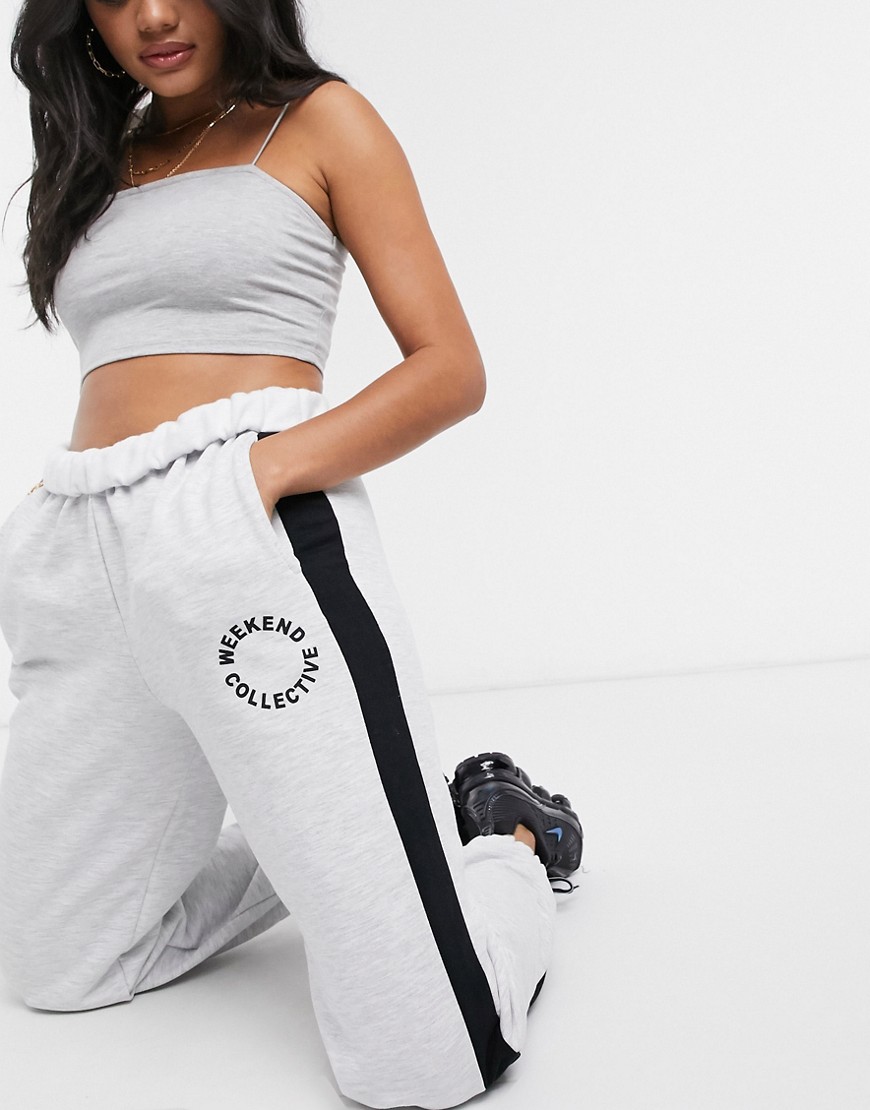 Asos Design Hourglass Oversized Sweatpants With Roll Waist And Slogan In Gray Marl
