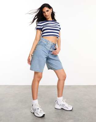 ASOS DESIGN Weekend Collective longline denim shorts in acid blue wash