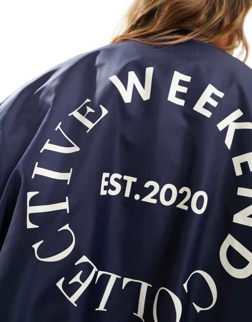 ASOS DESIGN - Weekend Collective - Oversized bomberjack met logo op de achterkant in donkerblauw, 2 van 4