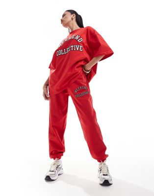 Asos Weekend Collective Asos Design Weekend Collective Oversized Sweatpants With Varsity Logo In Red