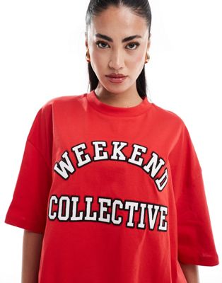 Asos Weekend Collective Asos Design Weekend Collective Oversized T-shirt With Varsity Logo In Red