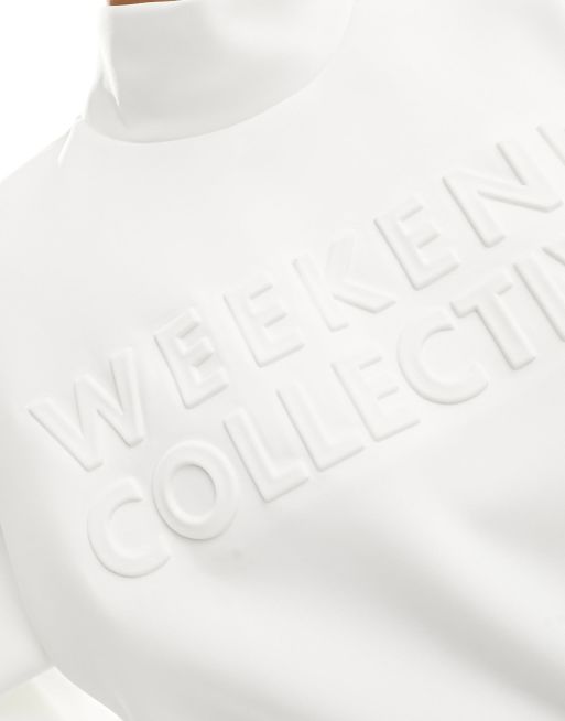 ASOS DESIGN – Weekend Collective – Vit präglad sweatshirt i scubatyg med hög krage, 3 av 4