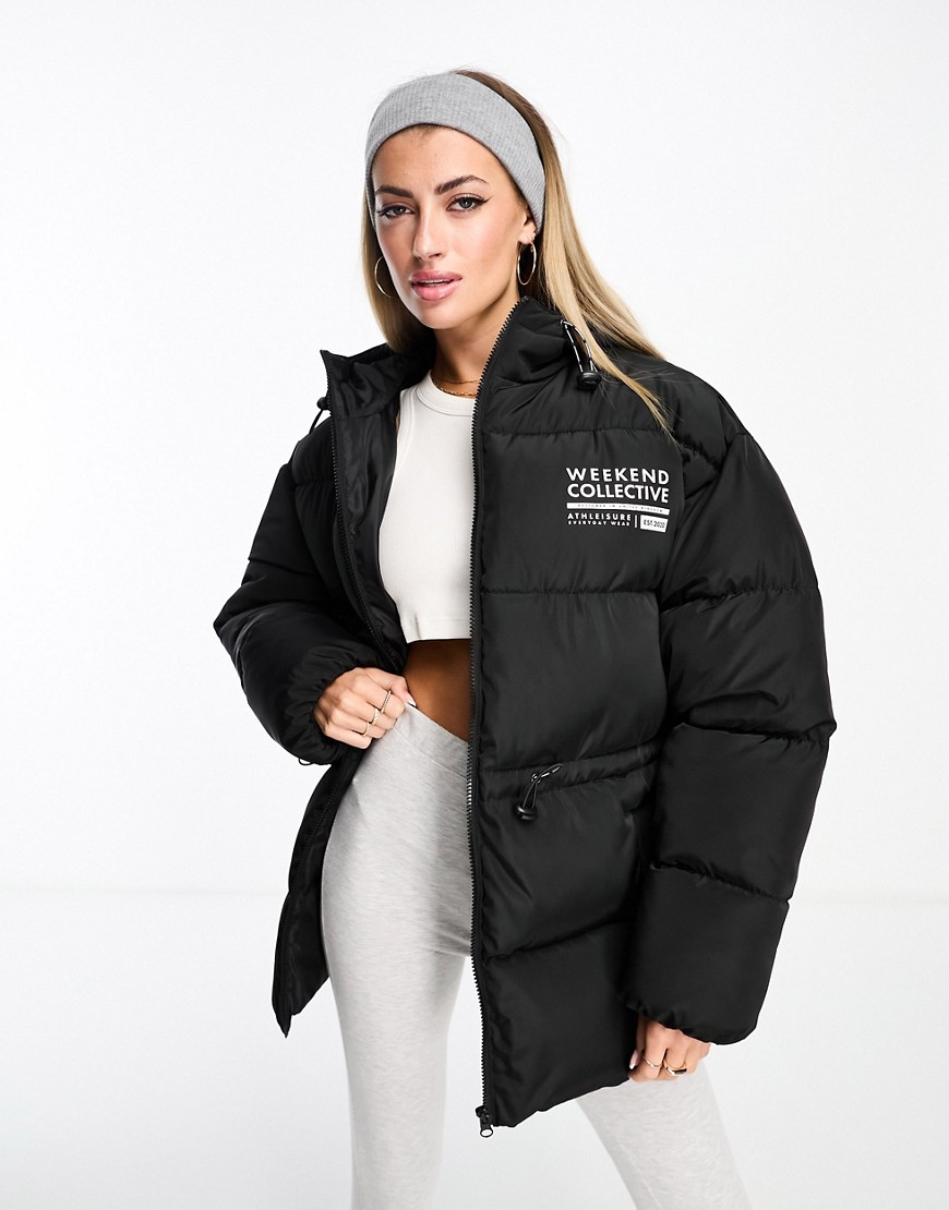 Asos Weekend Collective Asos Design Weekend Collective Waisted Padded Coat With Logo In Black