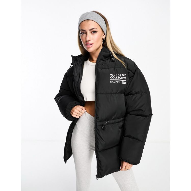 ASOS Weekend Collective maxi padded coat with back graphic in black