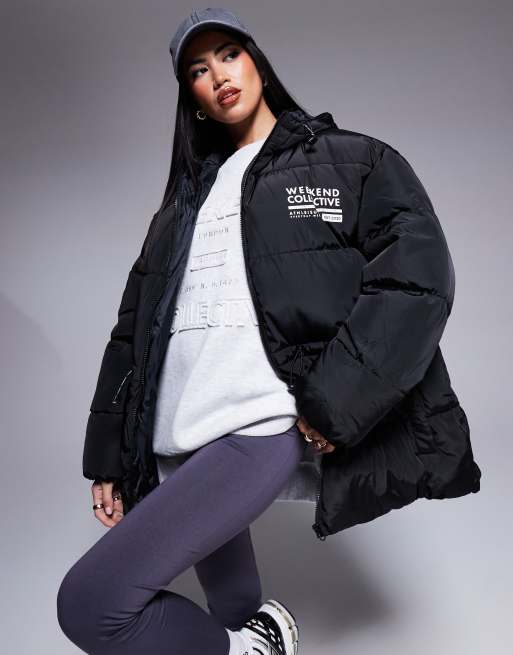 ASOS DESIGN Weekend Collective waisted padded coat with logo in black ...