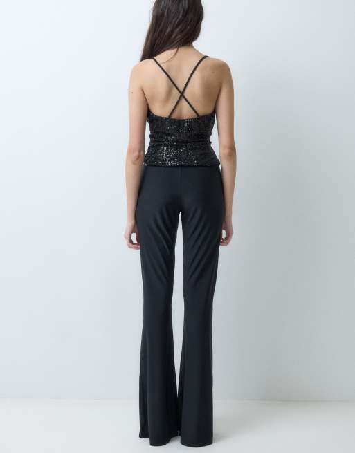 ASOS DESIGN weiche Hose mit weitem Bein und Wickelbund mit Pailletten in Schwarz, 4 von 5