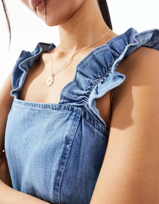 ASOS DESIGN – Weicher Denim-Jumpsuit in hellblauer Waschung mit Rüschen-Trägern, 2 von 4