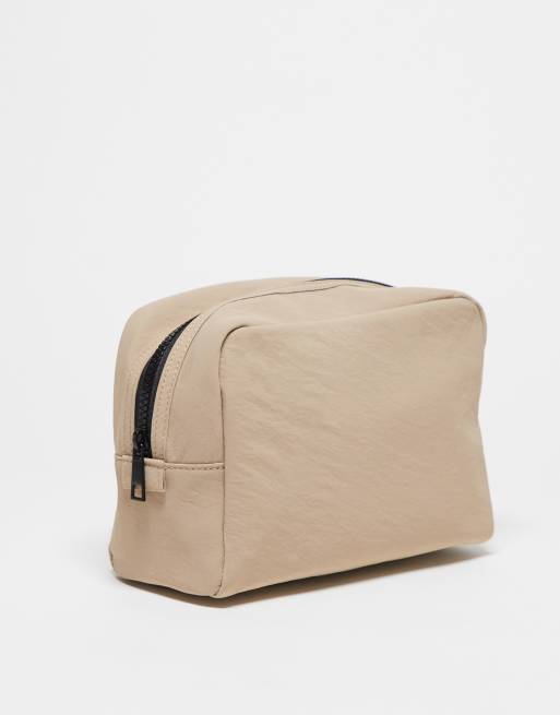 ASOS DESIGN – Weicher Kulturbeutel in Steinbeige mit farblich abgesetztem Reißverschluss