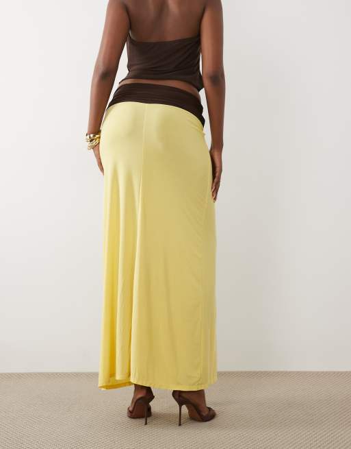 ASOS DESIGN – Weicher Maxirock in Gelb mit kontrastierender Taillenschärpe in Braun, Kombiteil, 5 von 5