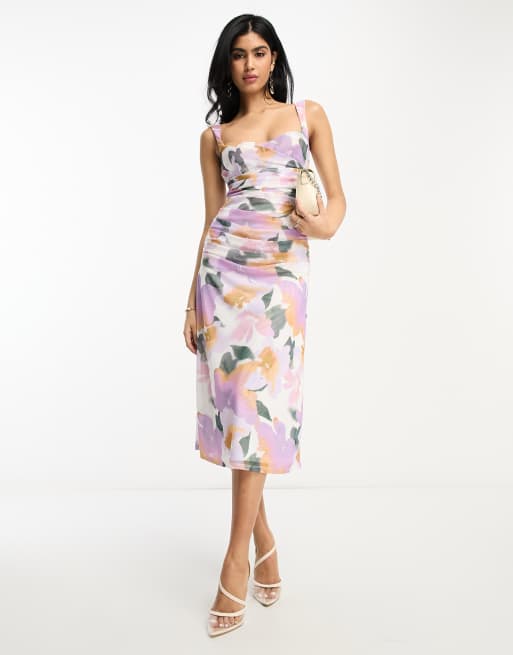 ASOS DESIGN – Weiches A-Linien-Midikleid aus Netzstoff in Flieder mit Herzausschnitt und verwischtem Blumenmuster