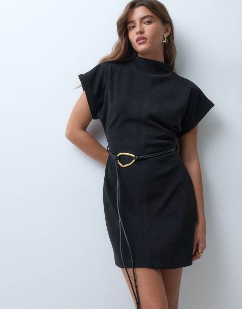 ASOS DESIGN weiches Cord-Minikleid mit Stehkragen und Gürtel in Schwarz - view 1