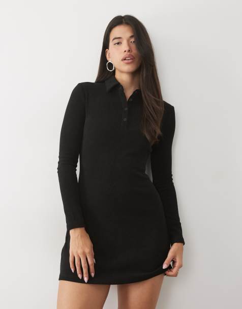 ASOS DESIGN weiches Cord-Polo-Minikleid mit langen Ärmeln in Schwarz - view 1