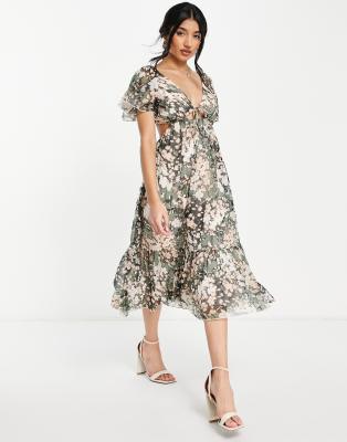 ASOS DESIGN - Weiches, gestuftes Midikleid mit Bindedetail vorne und verschwommenem Blumenmuster-Bunt