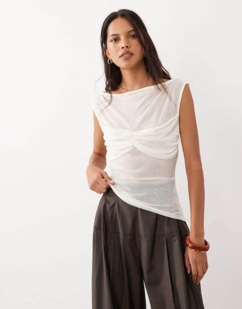 ASOS DESIGN weiches, halbtransparentes Oberteil mit Kappärmeln und geraffter Brustpartie in Elfenbein - view 1