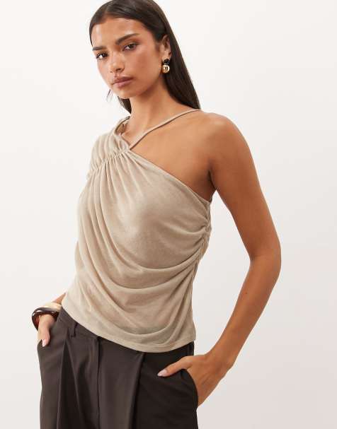 ASOS DESIGN weiches, halbtransparentes One-Shoulder-Oberteil mit Raffung in verwaschenem Khaki - view 1