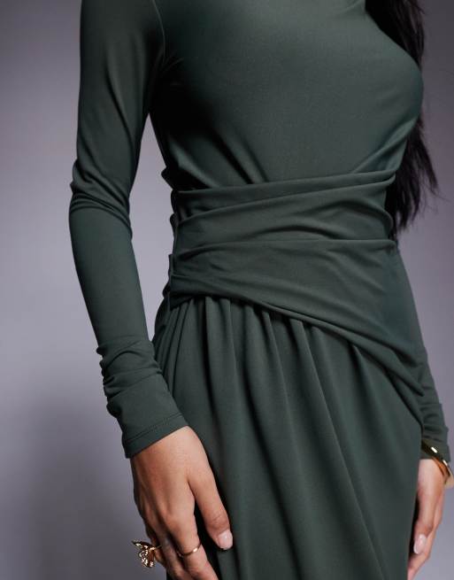 ASOS DESIGN – Weiches, langärmliges Maxikleid in Khaki mit Drapierung, 3 von 4