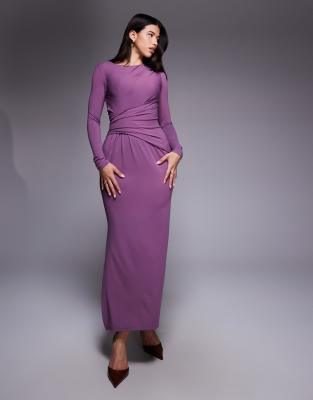 ASOS DESIGN - Weiches, langärmliges Maxikleid in Traube mit Drapierung-Lila