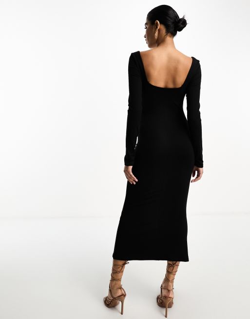 ASOS DESIGN – Weiches langärmliges Midikleid in Schwarz mit eckigem Ausschnitt, 3 von 4