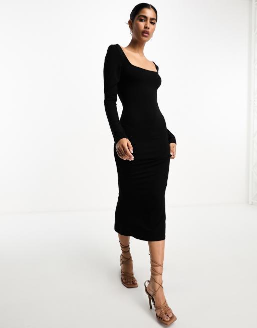 ASOS DESIGN – Weiches langärmliges Midikleid in Schwarz mit eckigem Ausschnitt, 4 von 4
