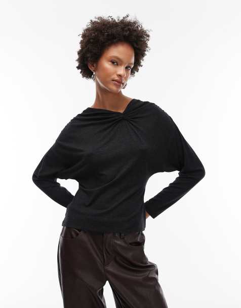 ASOS DESIGN – Weiches, langärmliges Oberteil in Anthrazit meliert mit verdrehtem Schulterdetail - view 1