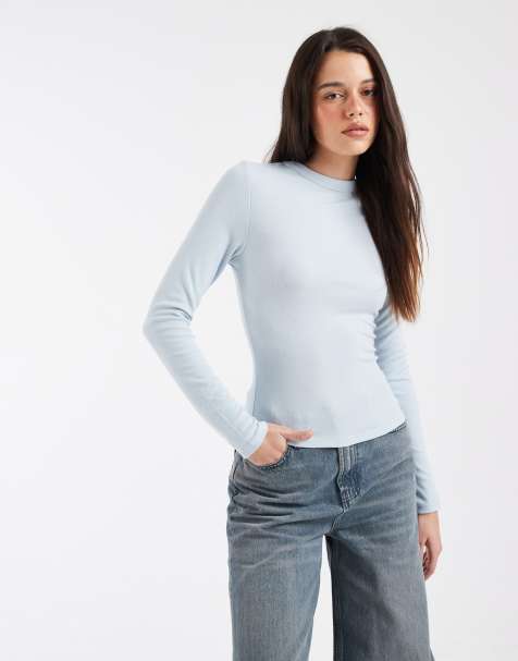 ASOS DESIGN – Weiches, langärmliges Shirt in Babyblau mit knappem Schnitt - view 1