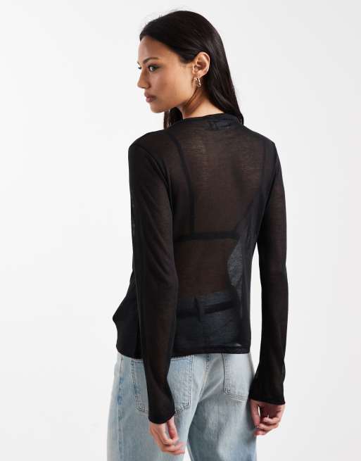ASOS DESIGN – Weiches, leicht transparentes Langarmshirt in Schwarz mit drapiertem Ausschnitt, 4 von 4