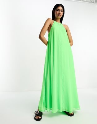 ASOS DESIGN - Weiches Maxi-Sommerkleid in Neongrün mit Neckholder