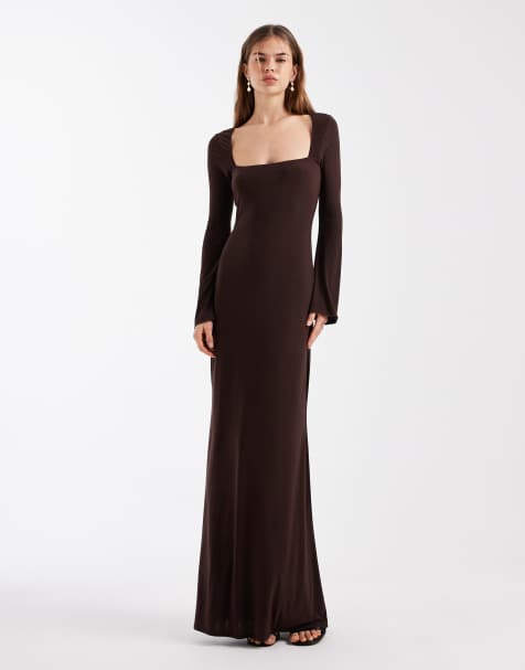ASOS DESIGN – Weiches Maxikleid in Schokobraun mit weitem, eckigem Ausschnitt - view 1