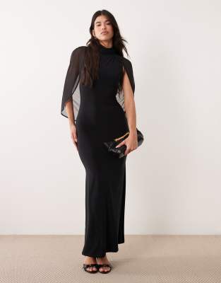 ASOS DESIGN - Weiches Maxikleid in Schwarz mit Cape-Ärmeln und überlangem Schnitt