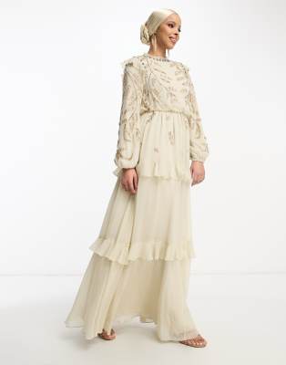 ASOS DESIGN - Weiches Maxikleid in Stein mit längs verlaufender Blumenverzierung-Neutral