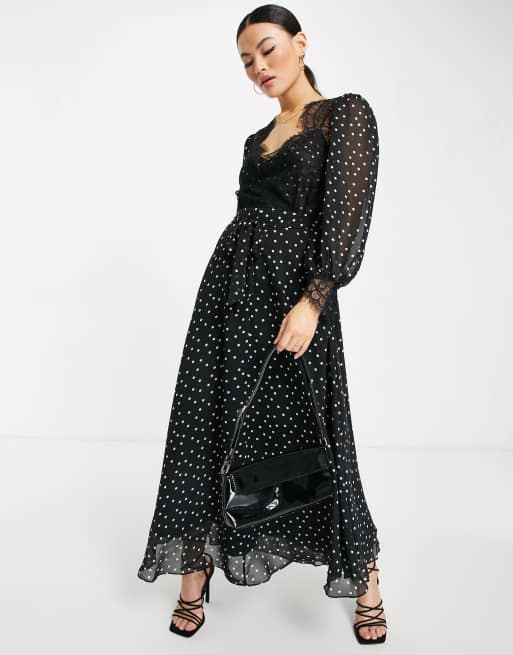 ASOS DESIGN – Weiches Midi-Skater-Kleid mit Pünktchenmuster und Spitzendetails mit Wimpernborte 