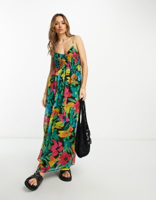 ASOS Design - Weiches Midi-Sommerkleid mit Raffung und verschwommenem Blumendruck-Bunt