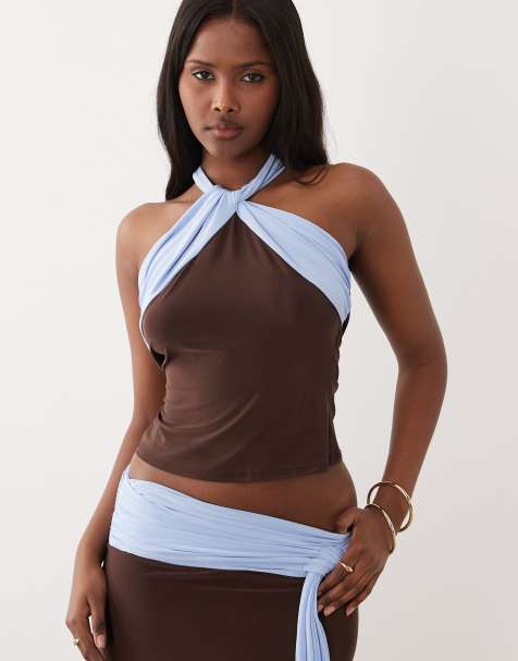 ASOS DESIGN – Weiches Neckholder-Oberteil in Schokobraun mit farblich abgesetztem Bindedetail am Ausschnitt, Kombiteil - view 1