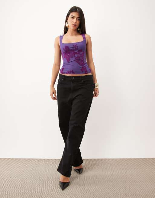 ASOS DESIGN weiches, quadratisches Mesh-Trägertop mit Dobby- und Flock-Details in lila mit Blumenmuster, 2 von 4