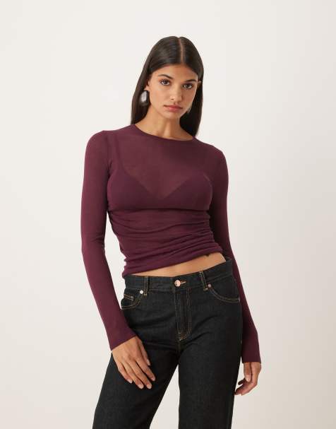 ASOS DESIGN – Weiches transparentes Strickoberteil in Pflaumenlila mit seitlicher Raffung - view 1
