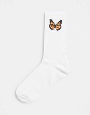 ASOS DESIGN – Weiße Socken in Wadenlänge mit Schmetterlingsstickerei