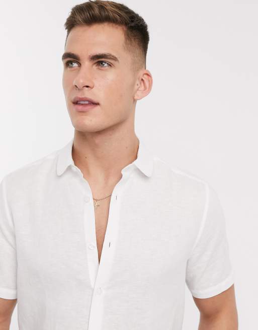 ASOS DESIGN – Weißes Leinenhemd in normaler Passform mit Clubkragen