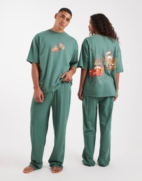 ASOS DESIGN Weihnachten – Disney Pixar – Pyjama in Dunkelgrün mit „Cars“-Grafik - view 1