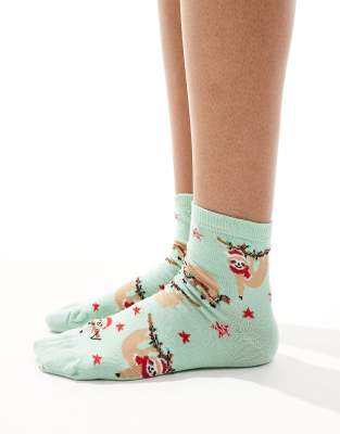 ASOS DESIGN - Weihnachten - Knöchelhohe Socken in Grün mit Faultier-Muster-Rosa