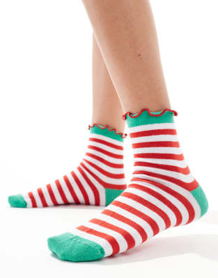 ASOS DESIGN - Weihnachten - Knöchelhohe Socken mit Weihnachtselfen-Streifen und Rüschenrand-Bunt