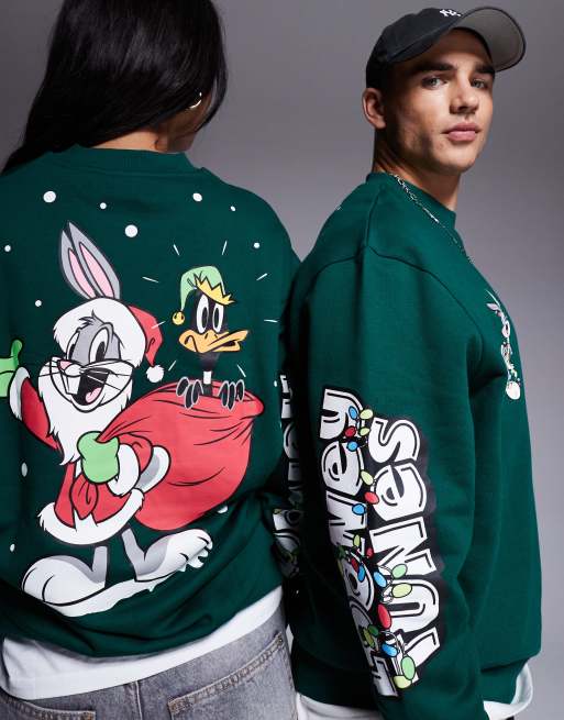 ASOS DESIGN Weihnachten Unisex Sweatshirt in Grun mit Oversize Schnitt und Bugs Bunny Looney Tunes Prints