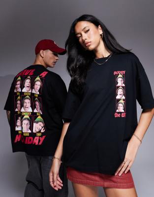 ASOS DESIGN - Weihnachten - Unisex-T-Shirt in Schwarz mit Oversize-Schnitt und „Elf"-Prints