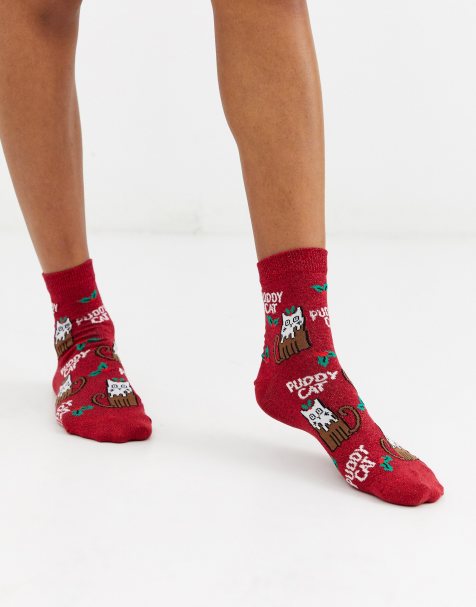 ASOS DESIGN – Weihnachtliche Knöchelsocken mit Katzen-Design