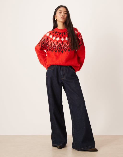 ASOS DESIGN – Weihnachtlicher, grob gestrickter Norwegerpullover in Rot, 2 von 4