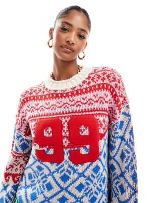 ASOS DESIGN - Weihnachtlicher Oversize-Pullover in Blau und Rot mit Patchwork-Norwegermuster-Bunt