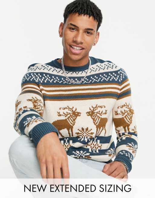 ASOS DESIGN – Weihnachts-Strickpullover mit Hirschdesign in Blau