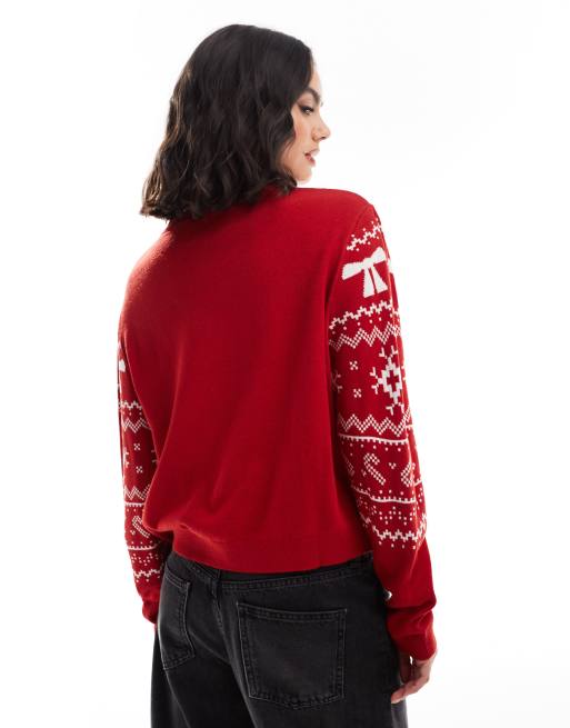 ASOS DESIGN – Weihnachtspullover mit Norwegermuster in Rot und Cremeweiß und Rundhalsausschnitt, 2 von 4