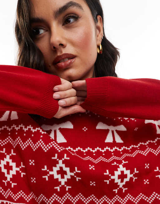 ASOS DESIGN – Weihnachtspullover mit Norwegermuster in Rot und Cremeweiß und Rundhalsausschnitt, 3 von 4