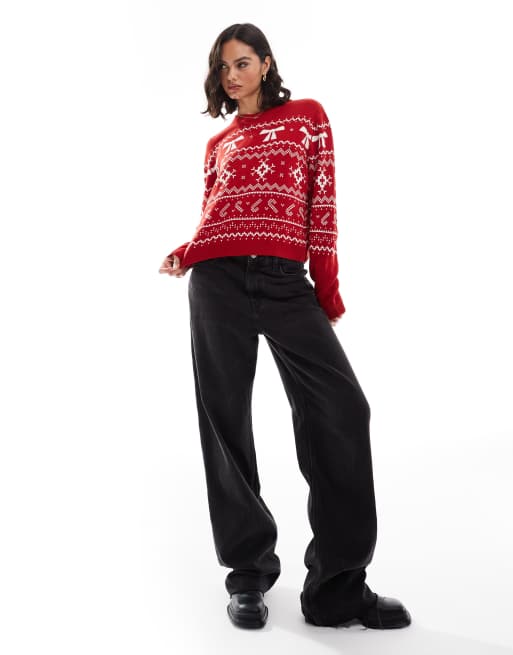 ASOS DESIGN – Weihnachtspullover mit Norwegermuster in Rot und Cremeweiß und Rundhalsausschnitt, 4 von 4